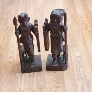 Vintage Latin American Carved Wood Book ends Statues Men and Women with dog